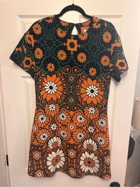 Maeve Anthropologie Floral Pattern Short Sleeve Dress in Orange & Green